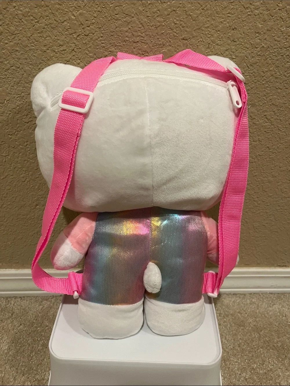 Hello Kitty Plush Backpack - White with Iridescent Rainbow Bow and Overalls